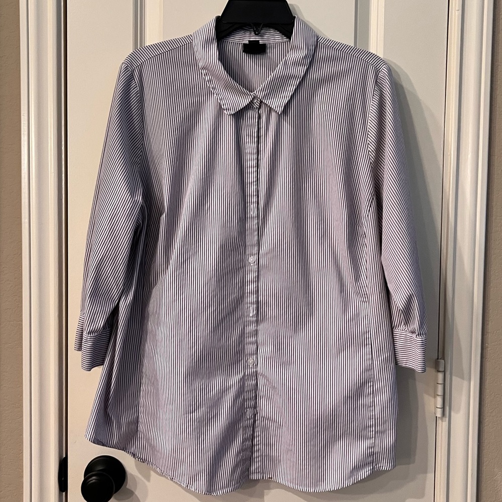 WORTHINGTON Plus 1X Button Down Striped Shirt White & Gray